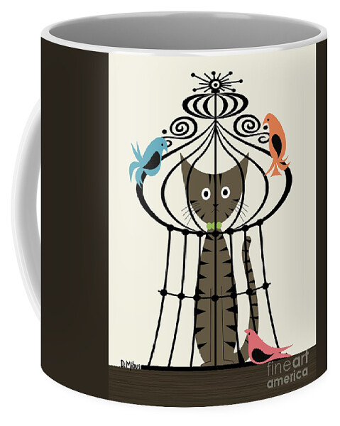 Mid Century Cat Coffee Mug featuring the digital art Tabby Cat in Bird Cage by Donna Mibus