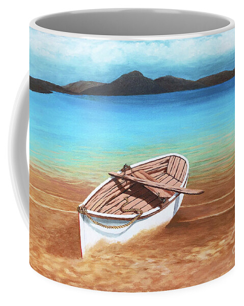 Boats In The Sand Coffee Mug featuring the painting TAKING A BOW IN SANTORINI- Prints of Oil Painting by Mary Grden