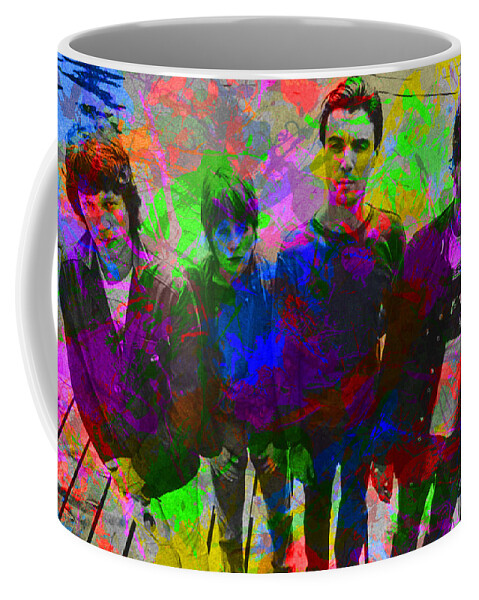 Talking Heads Coffee Mug featuring the mixed media Talking Heads Band Paint Splatters Portrait by Design Turnpike