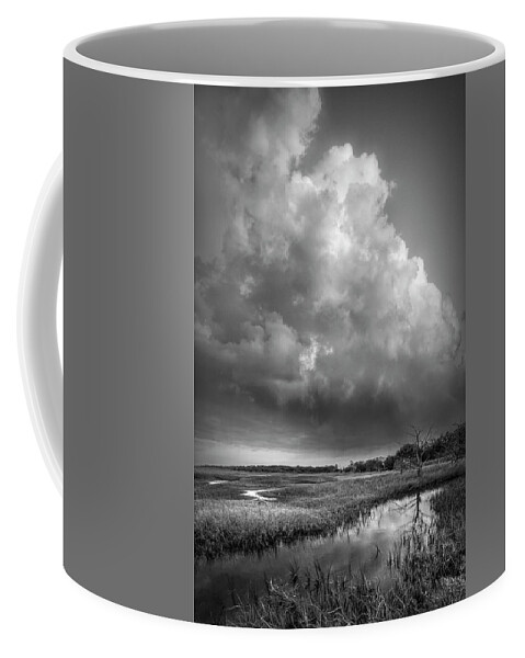 Clouds Coffee Mug featuring the photograph Tall Clouds over the Marsh Black and White by Debra and Dave Vanderlaan