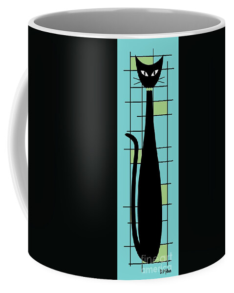 Mid Century Modern Cat Coffee Mug featuring the digital art Tall Mondrian Cat on Blue by Donna Mibus