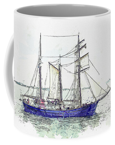 Sea Coffee Mug featuring the painting Tall Sail Ship 34, ca 2021 by Ahmet Asar, Asar Studios by Celestial Images