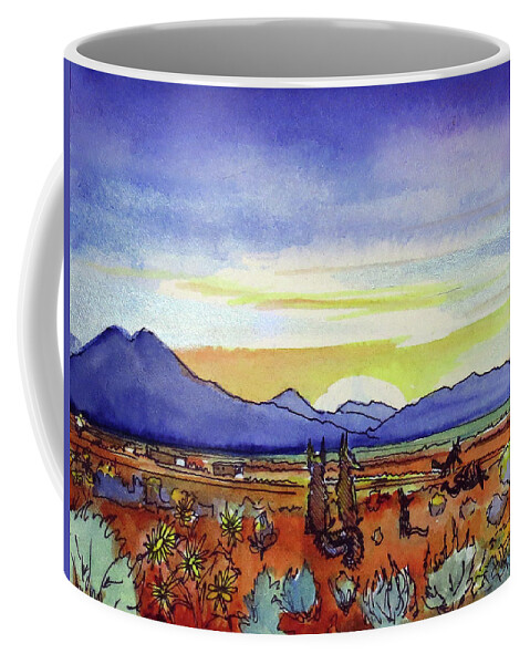 Coyote Coffee Mug featuring the painting Taos Coyote Sunrise by David Sockrider