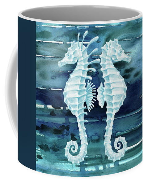 Blue Coffee Mug featuring the painting Teal Blue Seahorses In Watercolor Ocean by Irina Sztukowski