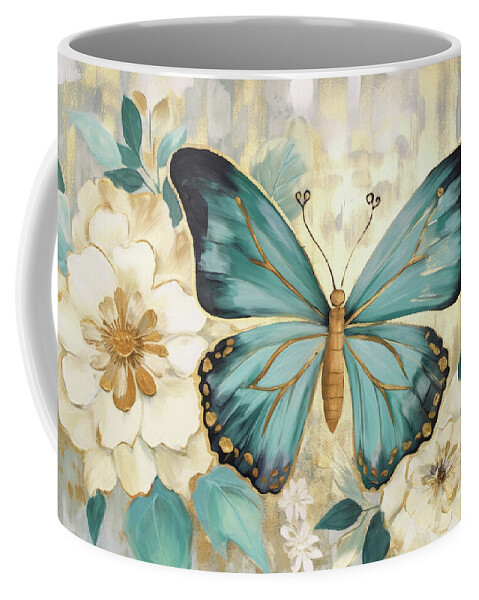Butterfly Coffee Mug featuring the painting Teal Botanical Butterfly by Tina LeCour