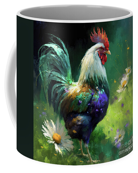 Rooster Coffee Mug featuring the painting Teal Tailed Rooster by Tina LeCour