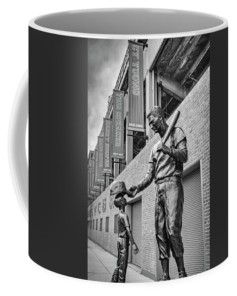 Boston Coffee Mug featuring the photograph Ted Williams Statue At Fenway Stadium - Black and White by Gregory Ballos
