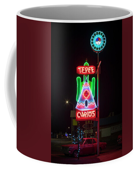Route 66 Coffee Mug featuring the photograph Tee Pee Curios Neon Sign by Susan Rissi Tregoning