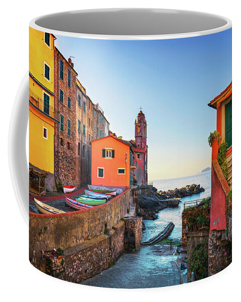 Tellaro Coffee Mug featuring the photograph Tellaro Street and Sea, Liguria by Stefano Orazzini