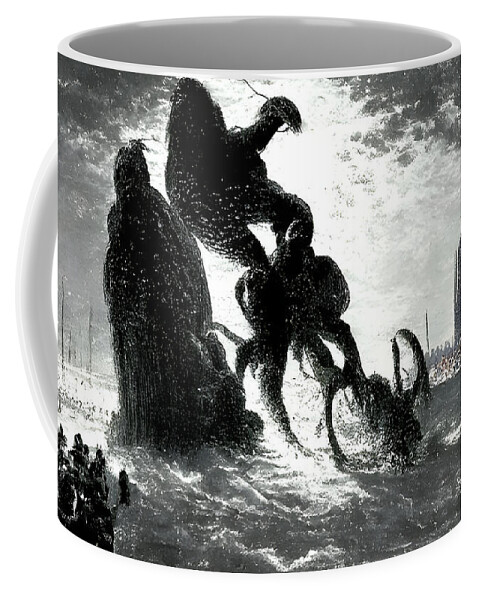 Squid Coffee Mug featuring the digital art Tentacled Monsters Rise from the Sea by Annalisa Rivera-Franz