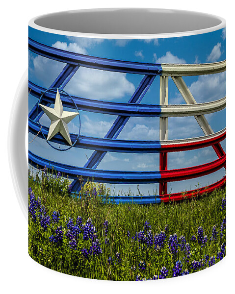 Texas Coffee Mug featuring the photograph Texas Flag Painted Gate with Blue Bonnets by Robert Bellomy