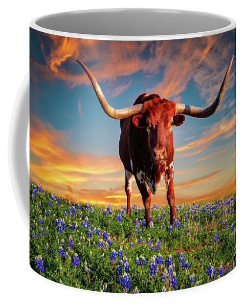 Texas Coffee Mug featuring the photograph Texas Longhorn at Sunset by Bee Creek Photography - Tod and Cynthia