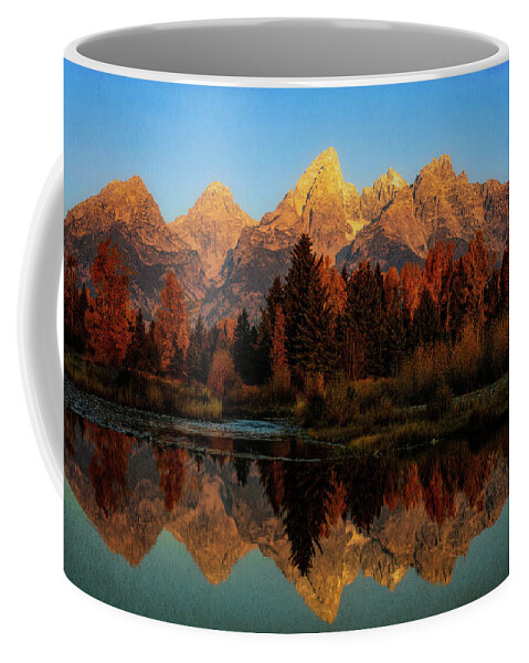 Schwabachers Landing Autumn Reflection Coffee Mug featuring the photograph Textured Teton Reflection In Autumn by Dan Sproul