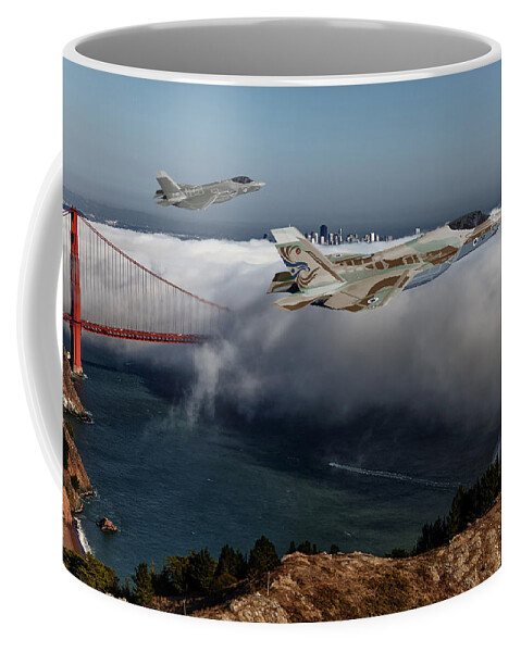 Lightning Coffee Mug featuring the digital art TF-35C and TF-35I over San Francisco by Custom Aviation Art