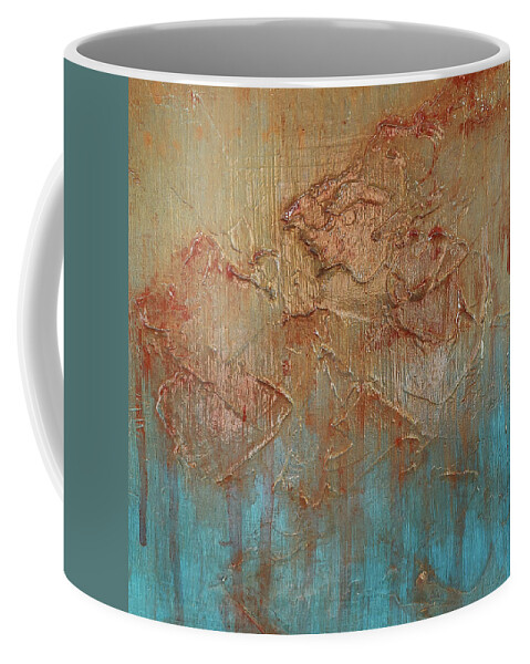 Lynnie Lang Coffee Mug featuring the painting THAI SILK Drip Abstract In Metallic Gold Cinnabar Red Aqua Blue by Lynnie Lang