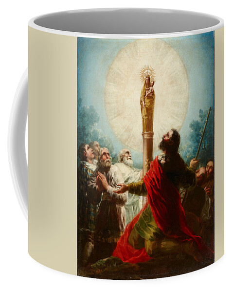 Antique Coffee Mug featuring the painting The Apostle Santiago and his disciples adoring the Virgen del Pilar by Vincent Monozlay