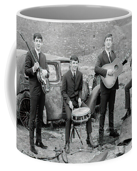 Beatles Coffee Mug featuring the photograph The Beatles 1964 with old car by Retrographs