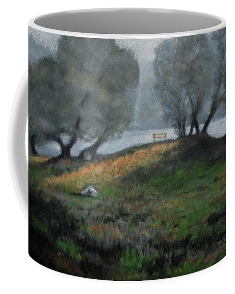 Foggy Day Coffee Mug featuring the pastel The Bench by Sandra Lee Scott