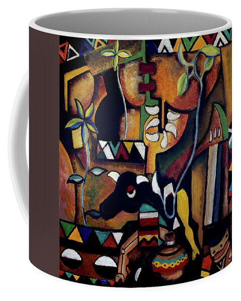 African Art Coffee Mug featuring the painting The Bull of Peace by Speelman Mahlangu