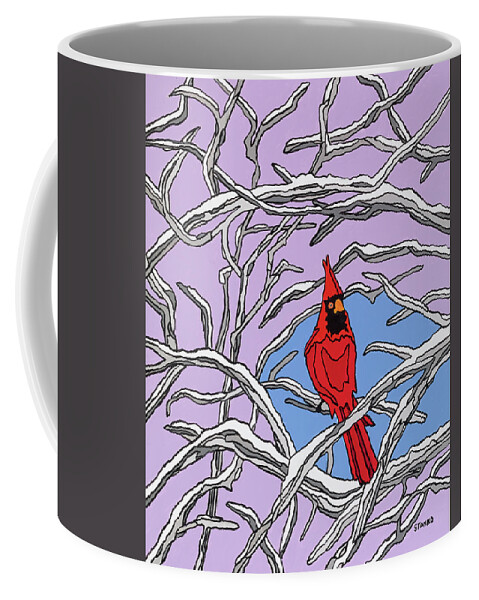 Cardinal Bird Perch Snow Winter Coffee Mug featuring the painting The Cardinal by Mike Stanko