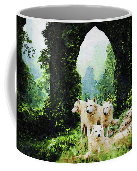 Animal Coffee Mug featuring the mixed media The Castle Guard- White Wolves Wildlife Watercolor by Shelli Fitzpatrick