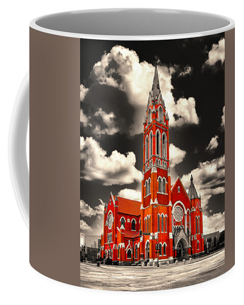 Cathedral Shrine Of The Virgin Of Guadalupe Coffee Mug featuring the digital art The Cathedral Shrine of the Virgin of Guadalupe in Dallas, Texas, isolated on black and white by Nicko Prints