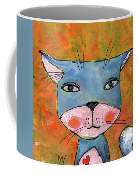 Valentine Coffee Mug featuring the mixed media The Cat's Meow by AnneMarie Welsh