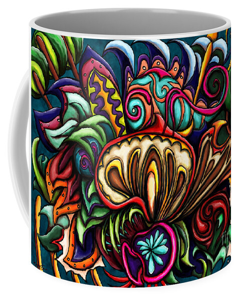 Chameleon Painting Coffee Mug featuring the painting Chameleon and mushroom abstract painting, colorful chameleon by Nadia CHEVREL