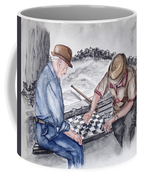 Chess Coffee Mug featuring the painting The Chess Game with Old Friends by Kelly Mills