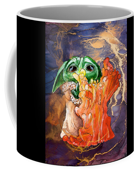 Watercolour Coffee Mug featuring the painting The Child Yoda 03 by Miki De Goodaboom