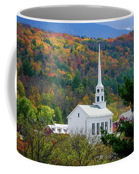 The Community Church In Stowe Vermont Coffee Mug featuring the photograph The Community Church in Stowe, Vermont in Fall Foliage by Robert Bellomy