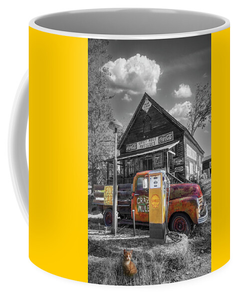 1947 Coffee Mug featuring the photograph The Crazy Mule Antiques II Black and White Yellow and Red by Debra and Dave Vanderlaan