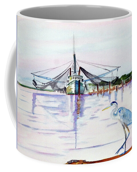 Blue Heron Coffee Mug featuring the painting The Customer by Barbara F Johnson