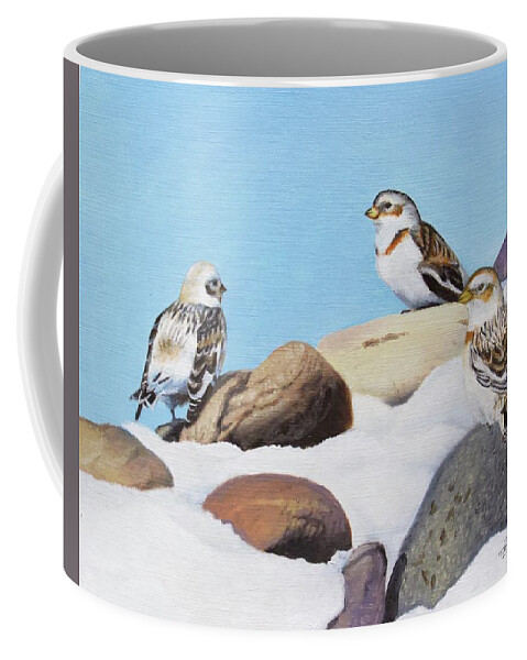 Snow Buntings Coffee Mug featuring the painting The Debate by Tammy Taylor
