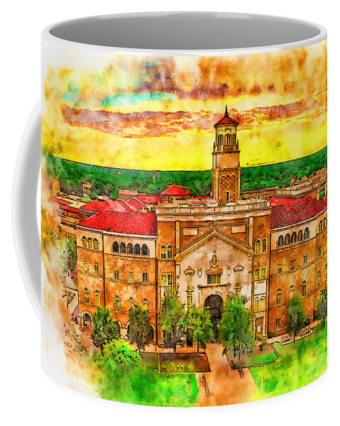 English And Philosophy Building Coffee Mug featuring the digital art The English and Philosophy Building of the Texas Tech University - pen and watercolor by Nicko Prints
