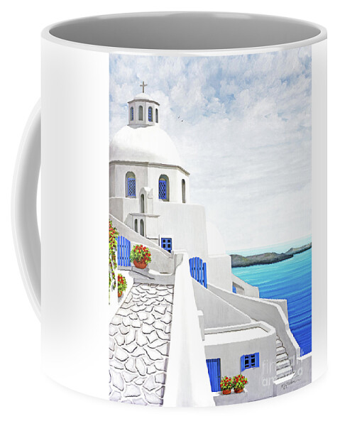 Santorini Coffee Mug featuring the painting The Face of Santorini-Print of painting-wider view by Mary Grden