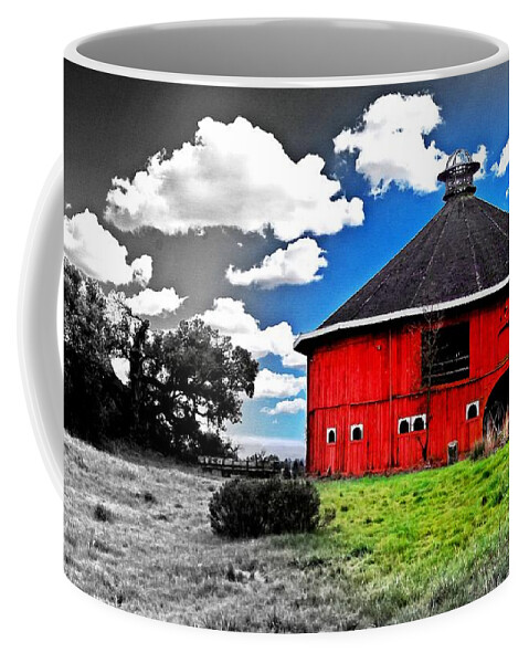 Fountaingrove Coffee Mug featuring the digital art The Fountaingrove Round Barn, near Santa Rosa, with transition from color to black and white by Nicko Prints