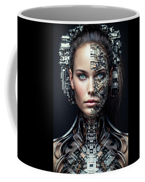 Cyborg Coffee Mug featuring the digital art The Future of AI 07 Woman Cyborg by Matthias Hauser