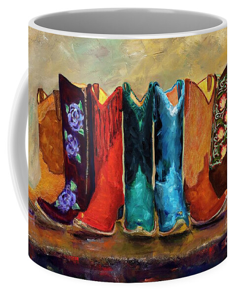 Cowboy Boots Coffee Mug featuring the painting The Girls Are Back In Town by Frances Marino