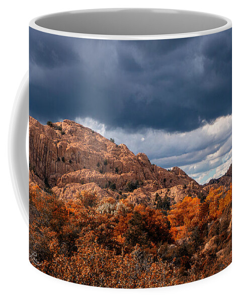 Fall Colors Granite Dells Boulders Water Lake Revivor Fstop101 Prescott Arizona Red Blue Colorful Rock Dark Clouds Summer Monsoon Storm Coffee Mug featuring the photograph The Granite Dells Bathed in Fall Colors by Geno