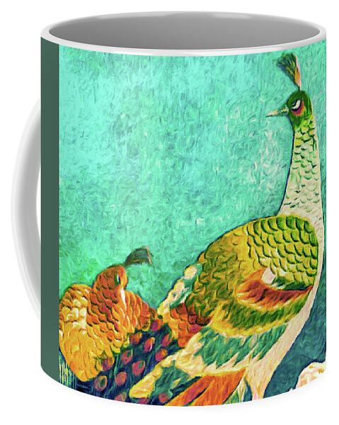 Handsome Peacock Coffee Mug featuring the tapestry - textile The Handsome Peacock - Kimono Series by Susan Maxwell Schmidt