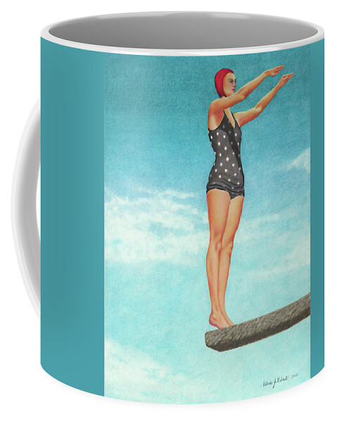 High Dive; Diving Board; Vintage Bathing Beauties; Red Swim Cap; Diving Competitions; Vintage Bathing Suits; Swimming; Polka Dot Swim Suit Coffee Mug featuring the painting The High Dive by Valerie Evans
