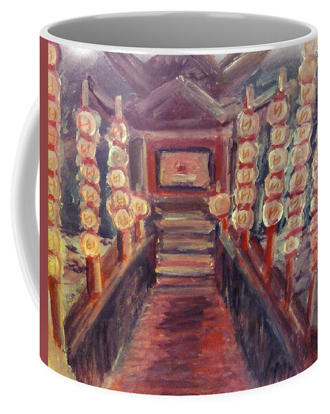History Coffee Mug featuring the painting The Lantern Bridge by Andrew Blitman
