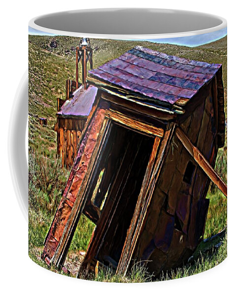Abandoned Coffee Mug featuring the digital art The Leaning Outhouse Of Bodie by David Desautel