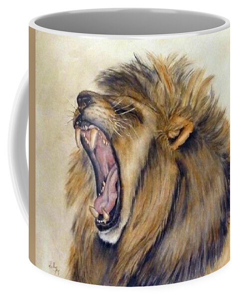 Lion Coffee Mug featuring the painting The Majestic Roar by Kelly Mills