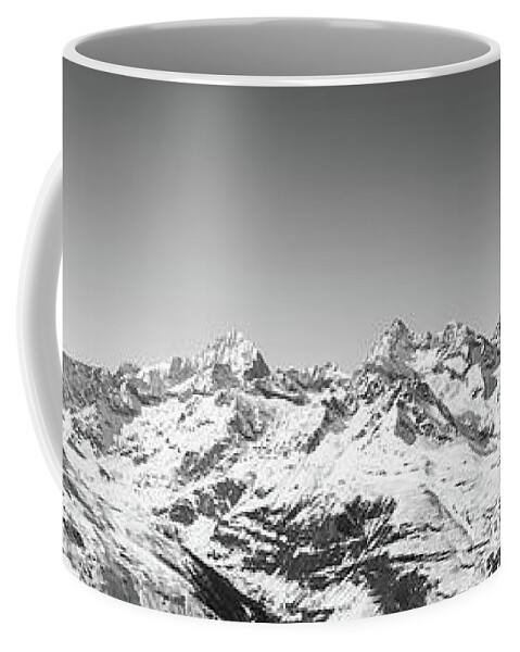 Alpine Coffee Mug featuring the photograph The Matterhorn and Swiss Mountains Panorama BW by Rick Deacon