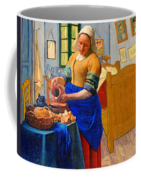 Milkmaid Coffee Mug featuring the digital art The Milkmaid by Johannes Vermeer inside Van Goghs Bedroom in Arles by Nicko Prints