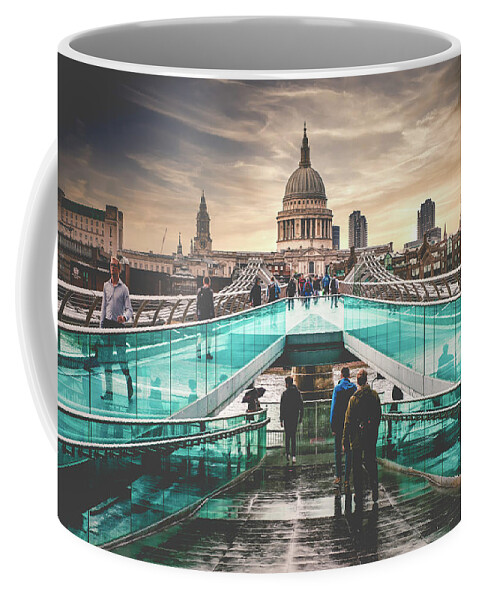 London Coffee Mug featuring the photograph The Millennium Bridge and St Paul Cathedral in London at sunset by Karel Miragaya