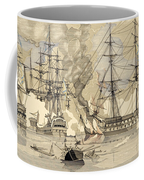 Ship Portrait Coffee Mug featuring the drawing The naval battle of Navarino 1827 - artwork no.6 by Panagiotis Mastrantonis
