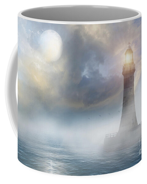 Roker Lighthouse Coffee Mug featuring the mixed media The North Sea and Roker Lighthouse in Moonlight by Morag Bates